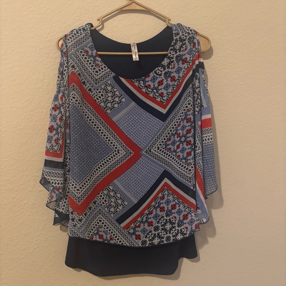 PerSeption Concept Women’s Blue Red White Geometric Sleeveless Blouse,Size Large